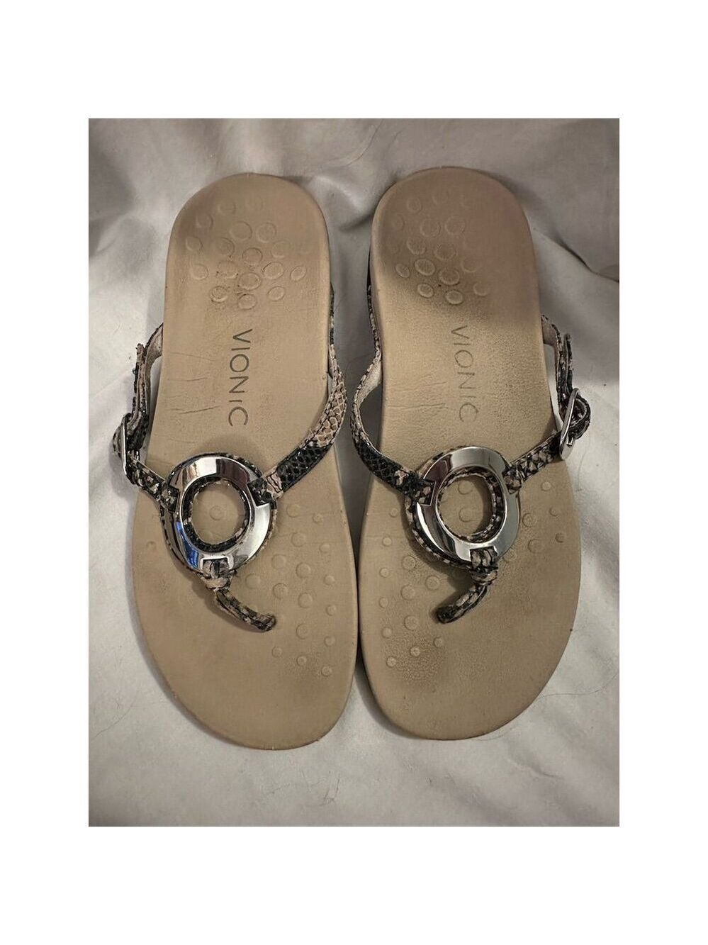 Vionic Women's Karina Thong Sandals Size 8 Snake Print Beige Casual
